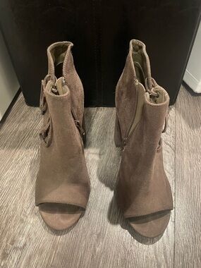 Suede Peep-Toe Ankle Booties in Taupe